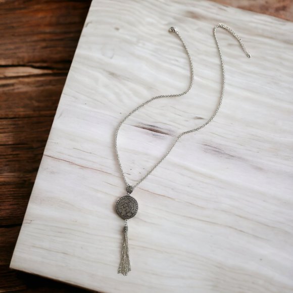 Necklace, Silver Antique Tone, Filigree Round, Tassel, 27"-30" - Picture 7 of 9